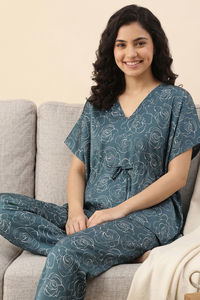 Zivame Satin Kaftan Loungewear Set - Sagebrush Green — thumbnail 4